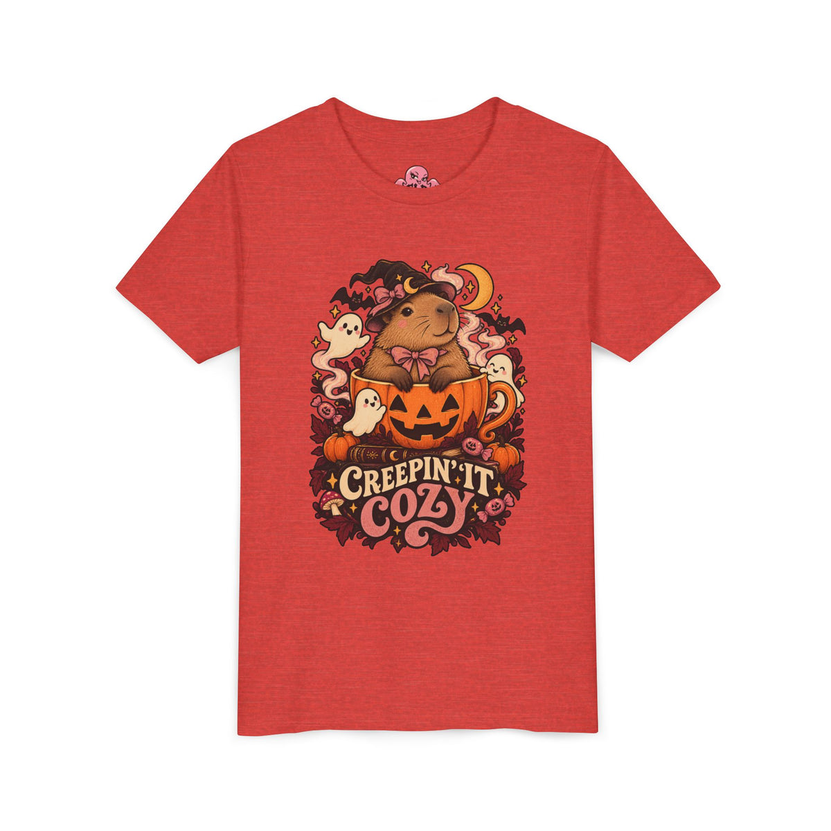 Youth Tee — "Creepin' It Cozy" Halloween Pumpkin Bear Graphic
