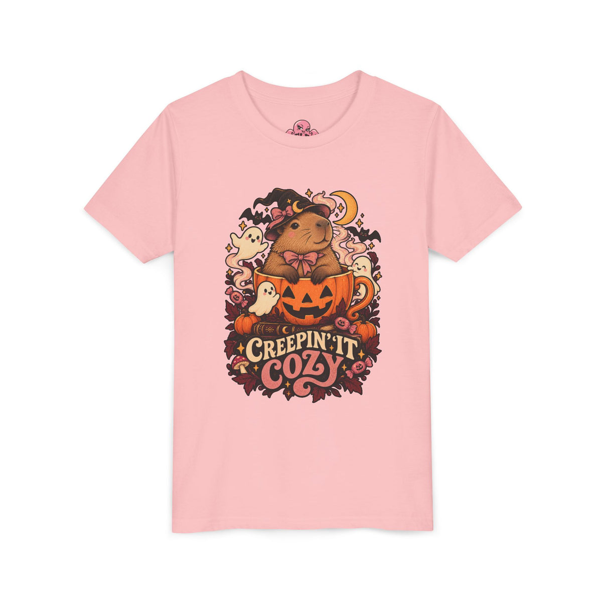 Youth Tee — "Creepin' It Cozy" Halloween Pumpkin Bear Graphic