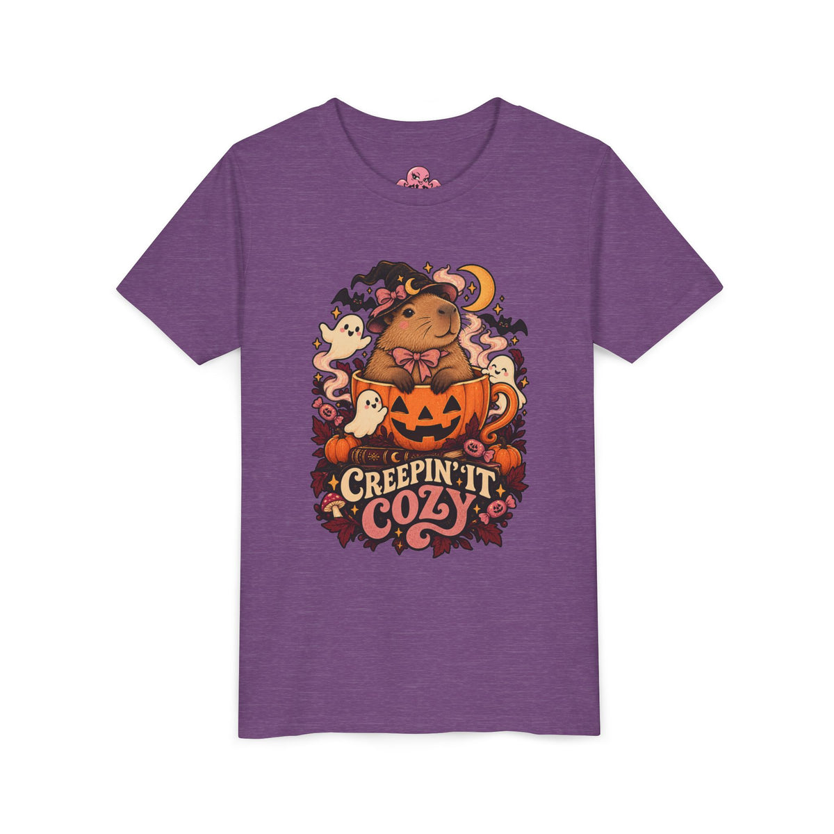 Youth Tee — "Creepin' It Cozy" Halloween Pumpkin Bear Graphic