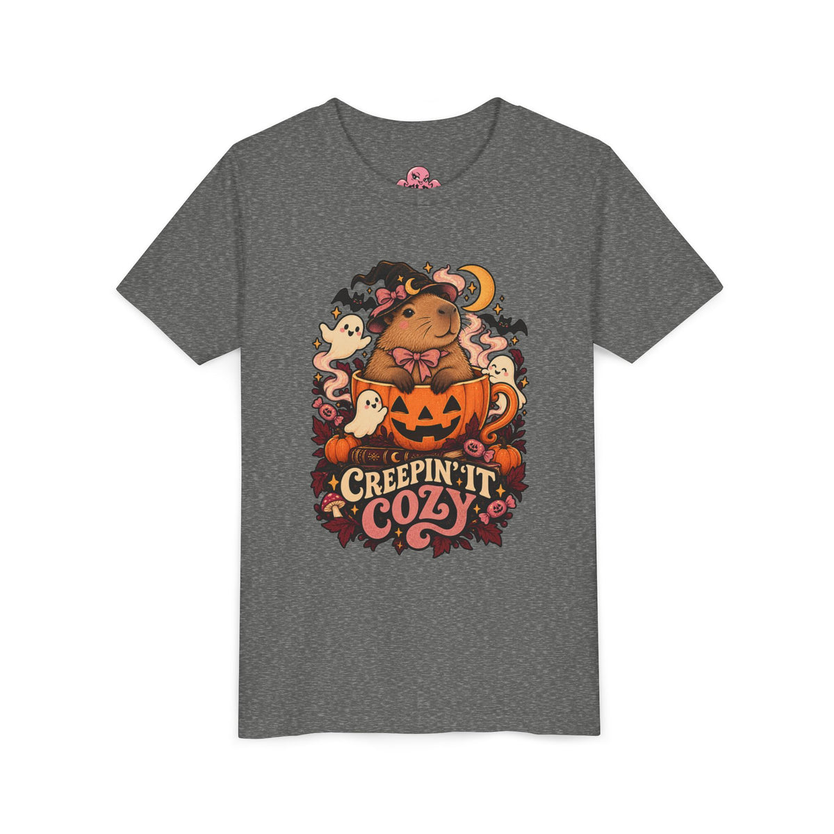 Youth Tee — "Creepin' It Cozy" Halloween Pumpkin Bear Graphic