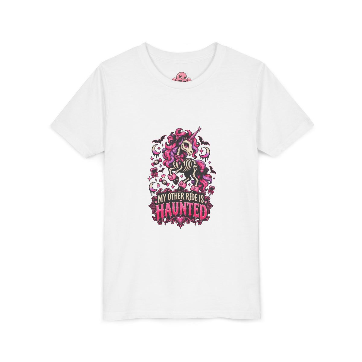 Youth Tee — "My Other Ride Is Haunted" Ghost Unicorn Halloween Shirt