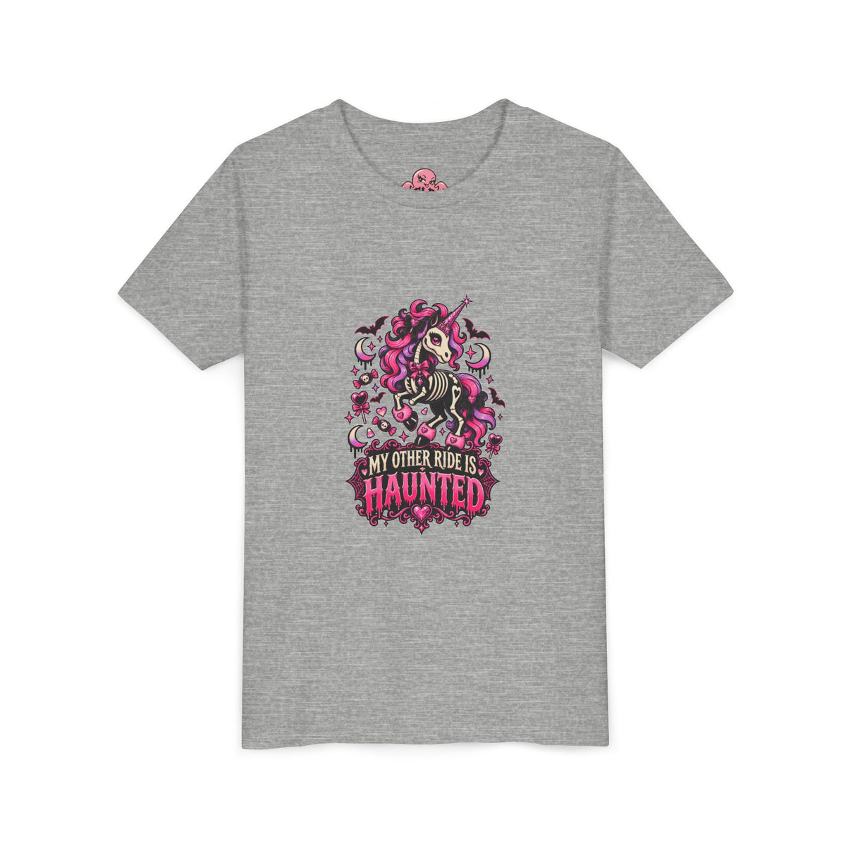 Youth Tee — "My Other Ride Is Haunted" Ghost Unicorn Halloween Shirt