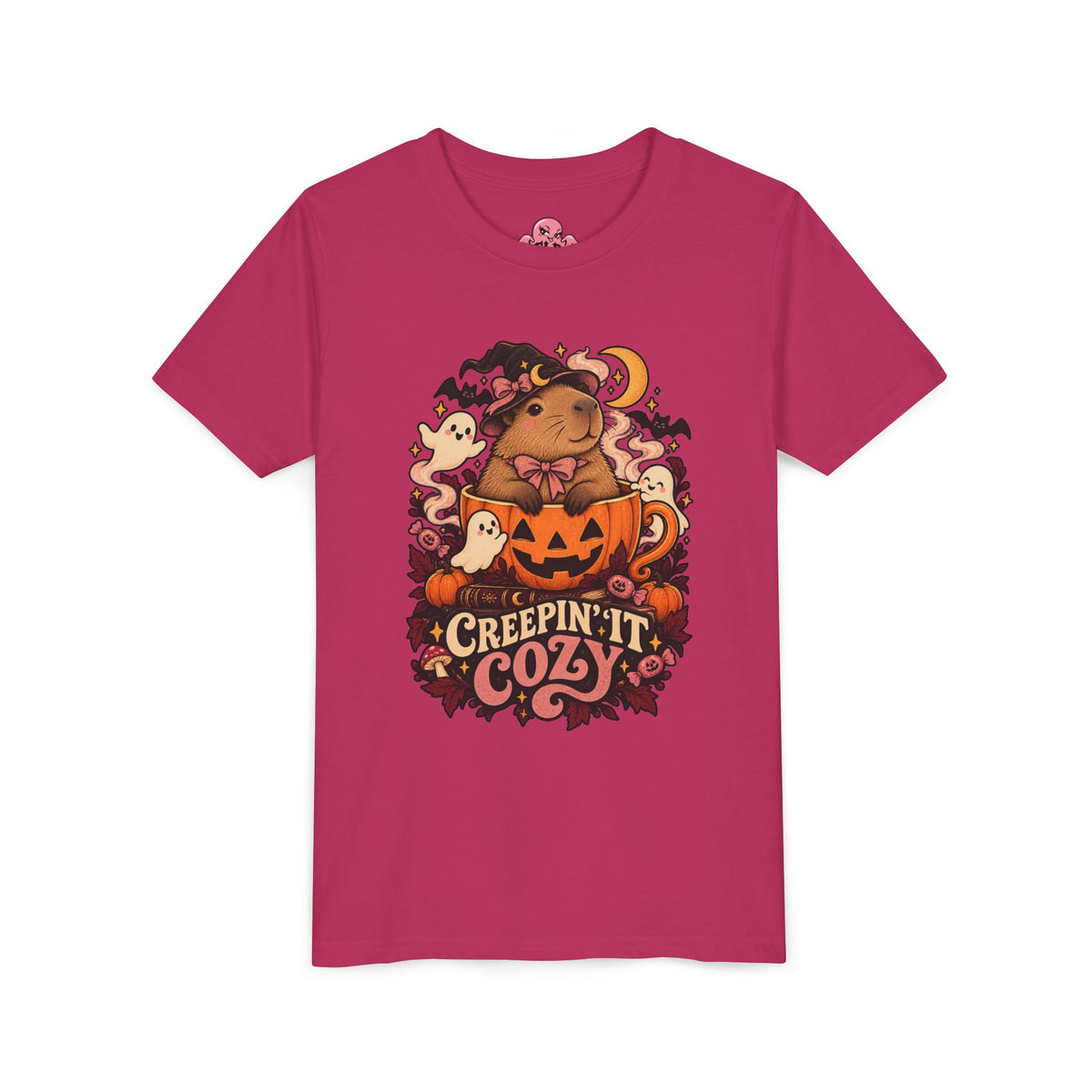Youth Tee — "Creepin' It Cozy" Halloween Pumpkin Bear Graphic
