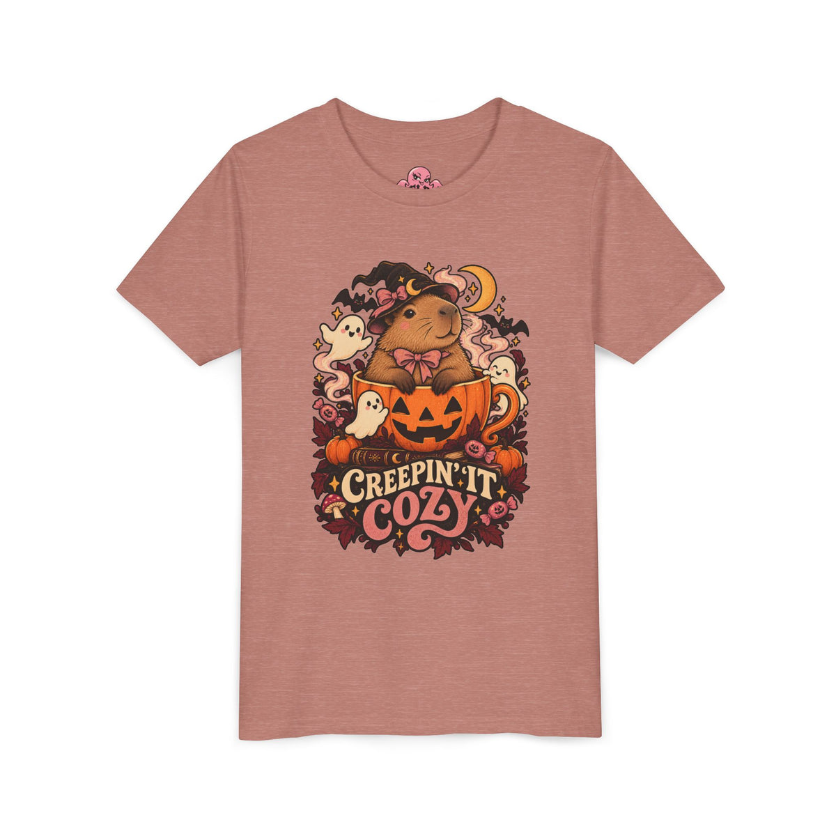Youth Tee — "Creepin' It Cozy" Halloween Pumpkin Bear Graphic