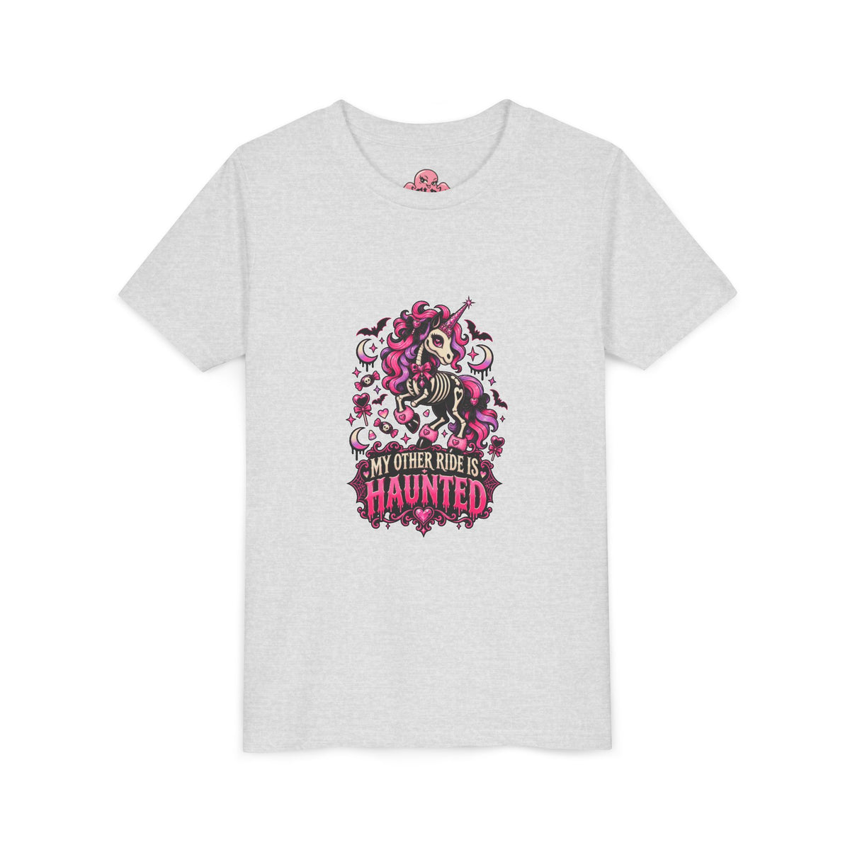 Youth Tee — "My Other Ride Is Haunted" Ghost Unicorn Halloween Shirt