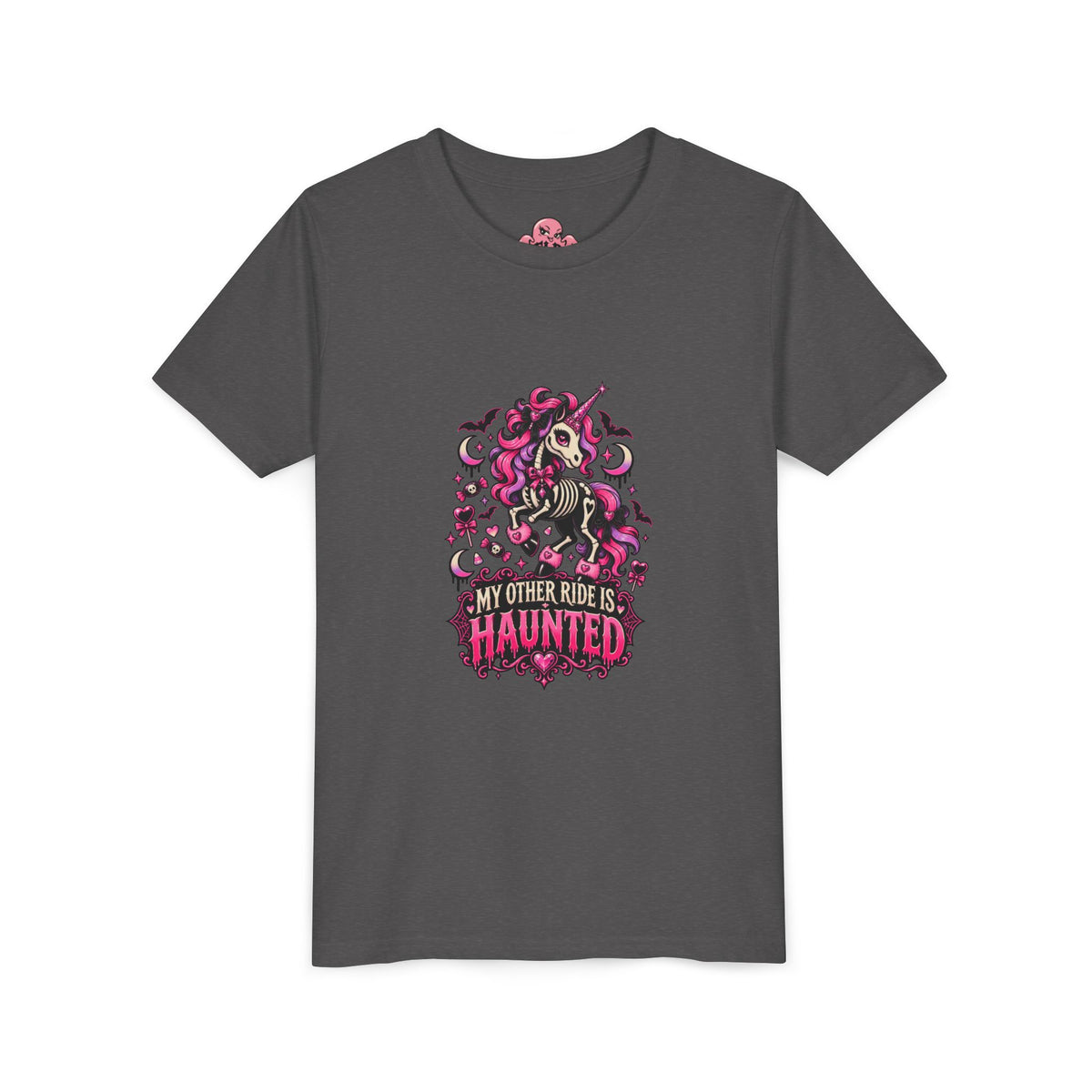 Youth Tee — "My Other Ride Is Haunted" Ghost Unicorn Halloween Shirt