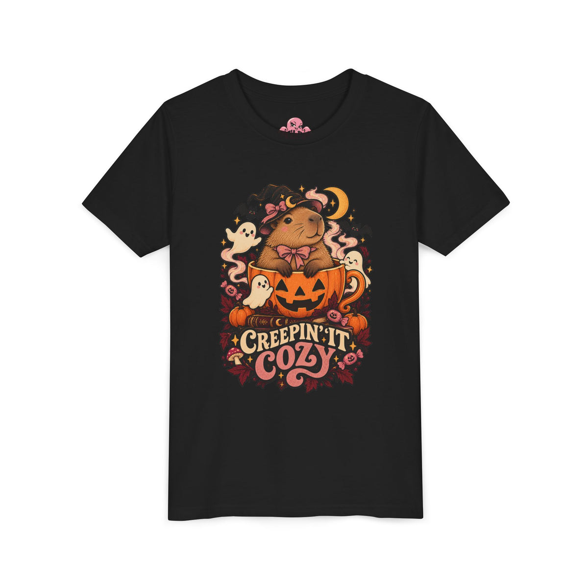 Youth Tee — "Creepin' It Cozy" Halloween Pumpkin Bear Graphic