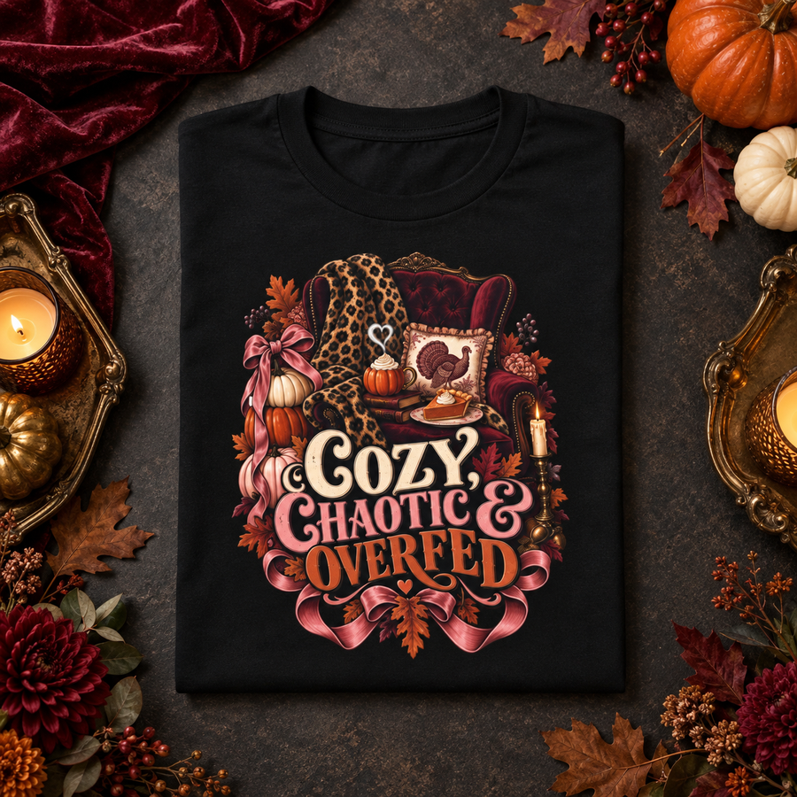 Cozy, Chaotic & Overfed Thanksgiving Graphic T-Shirt