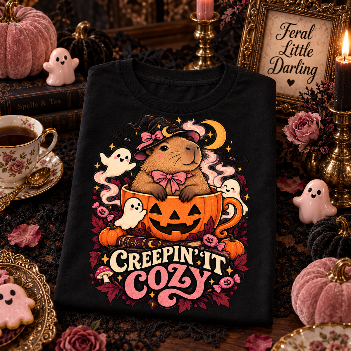 Creepin' It Cozy capybara youth T-shirt in a Feral Little Darling Halloween setting