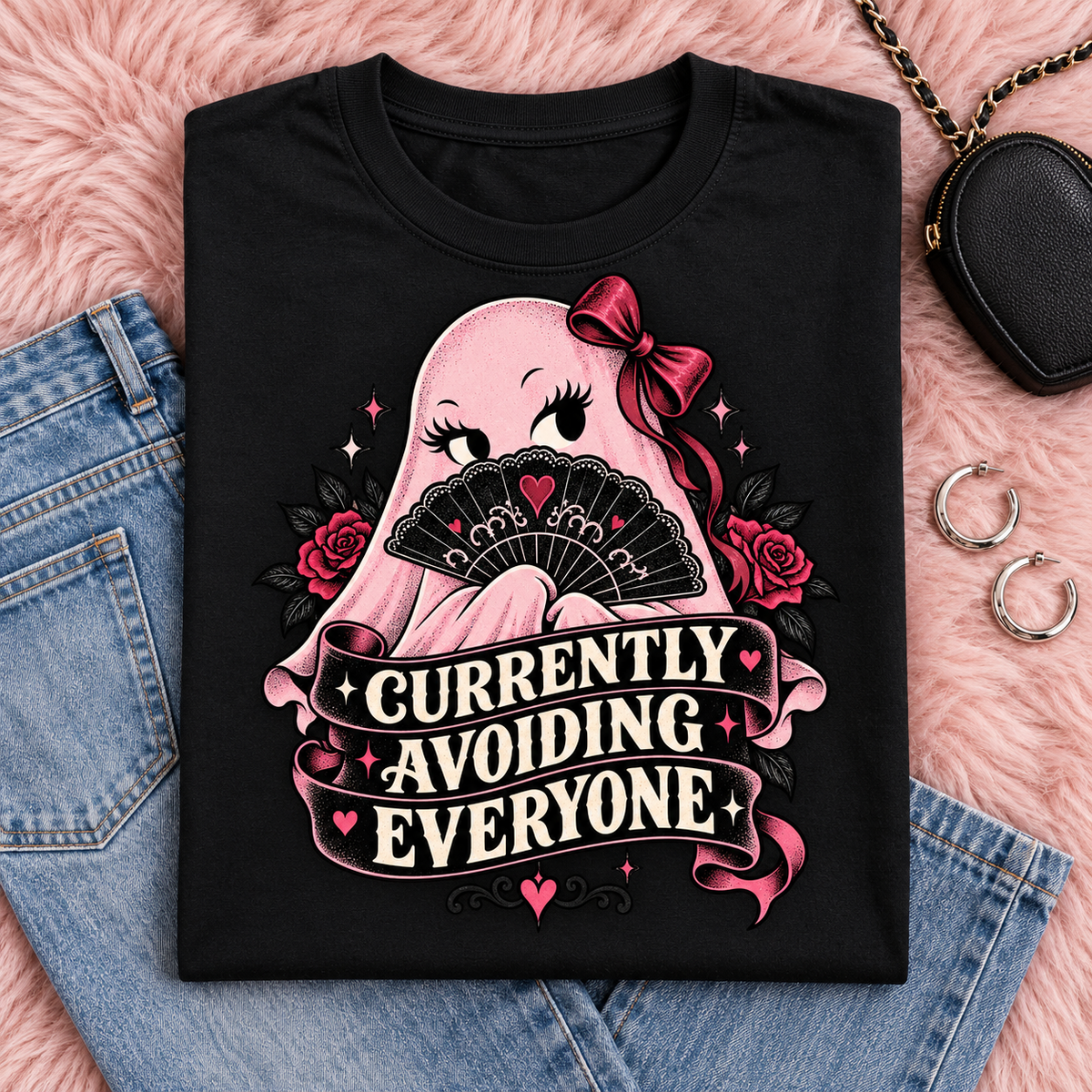 Currently Avoiding Everyone folded black graphic T-shirt