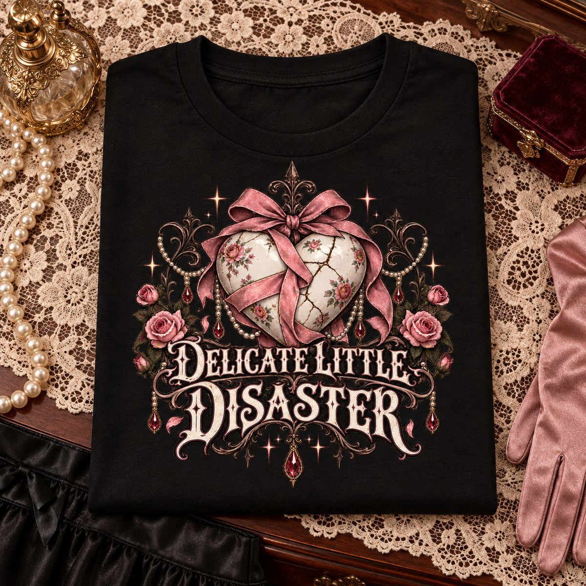 Delicate Little Disaster black gothic graphic T-shirt folded flat