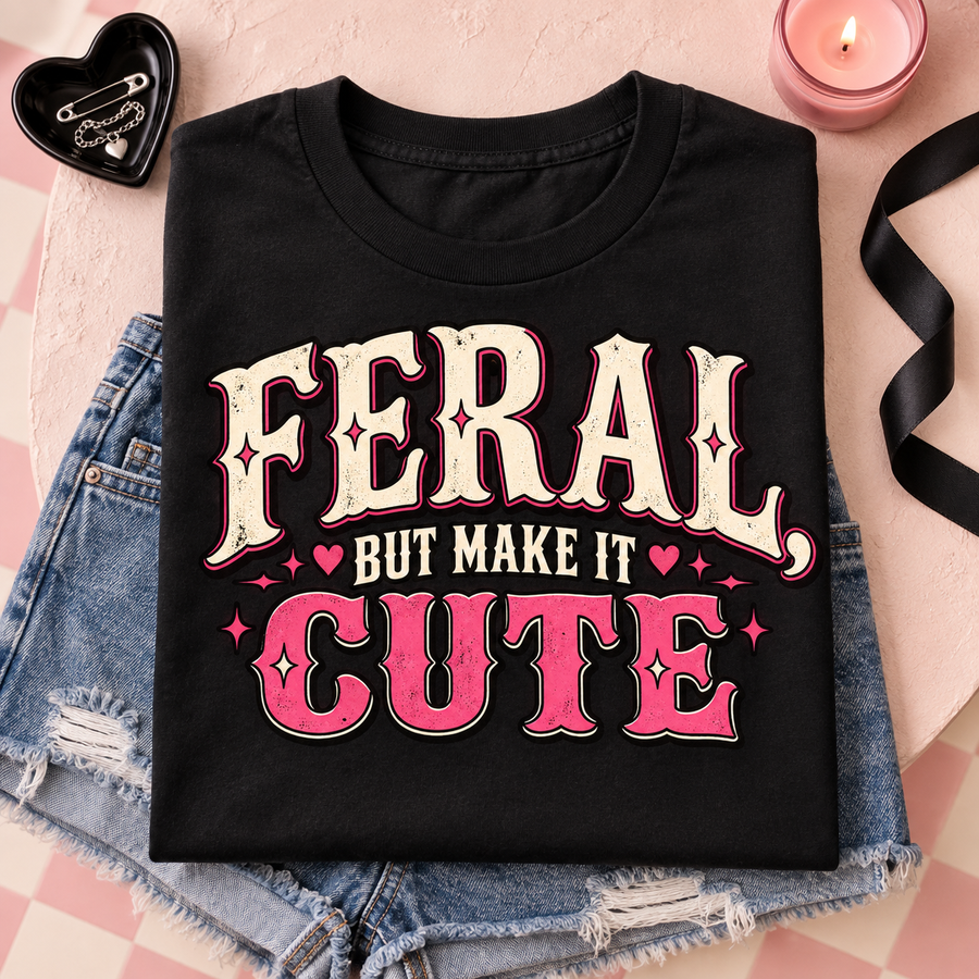 Feral But Make It Cute T-Shirt – Pink Snarky Text Tee