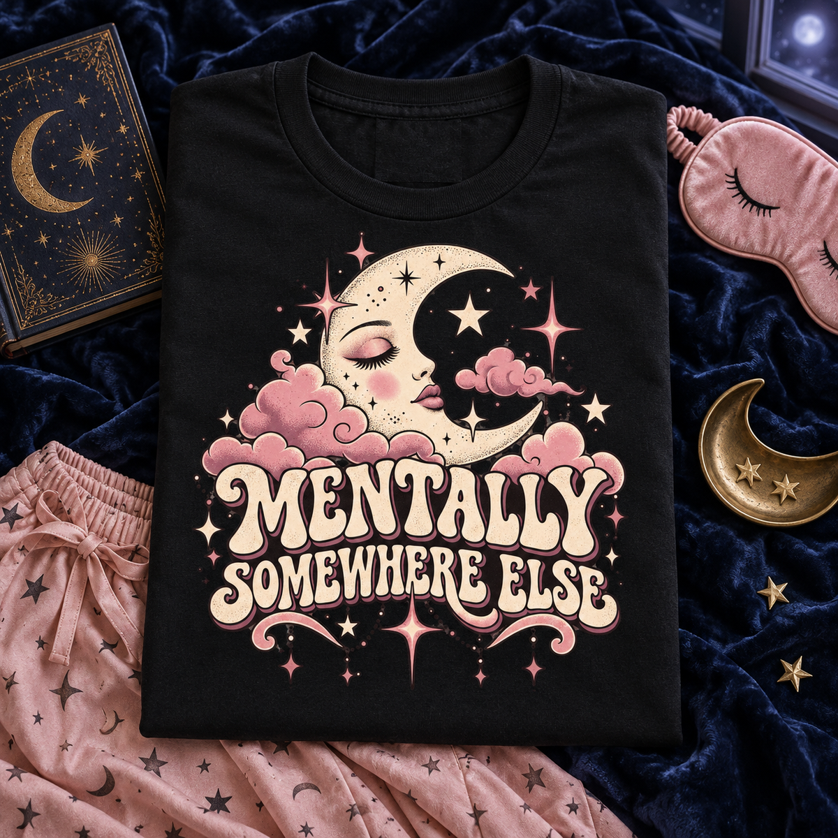 Mentally Somewhere Else black graphic T-shirt folded flat