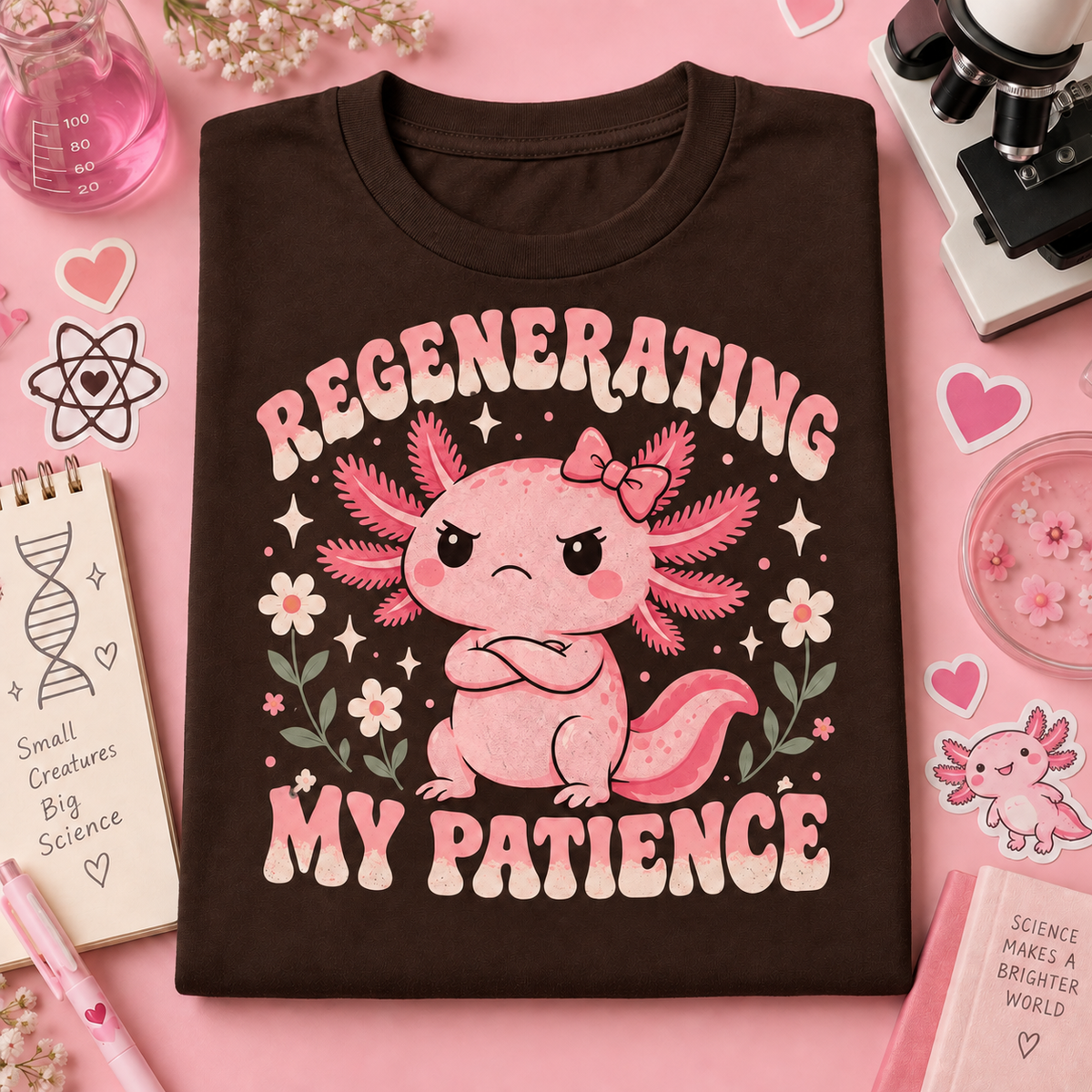 Regenerating My Patience axolotl youth T-shirt in Dark Chocolate