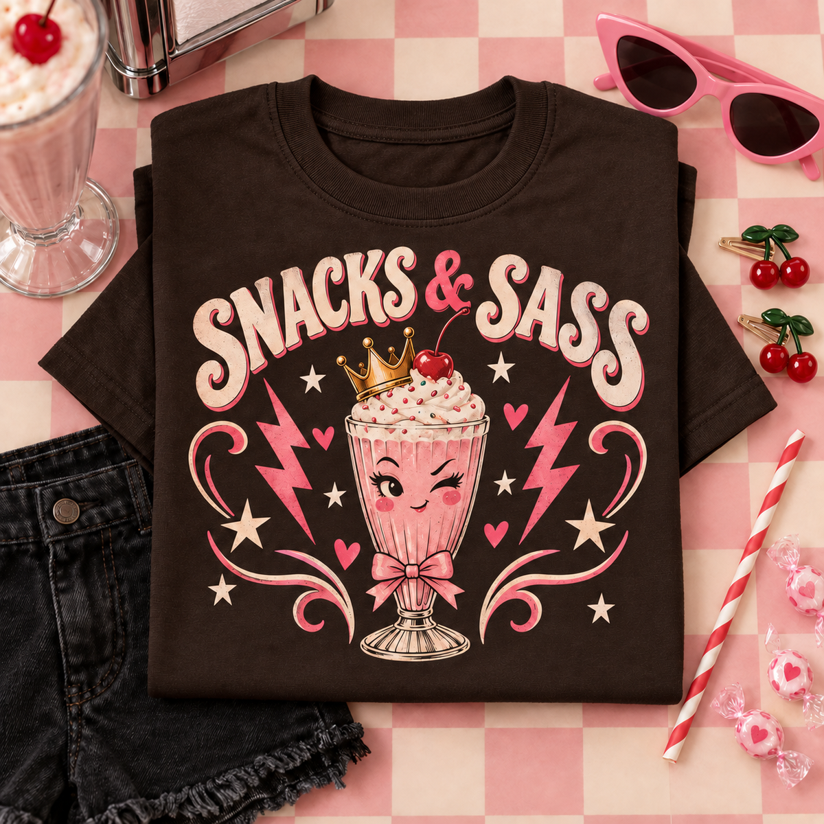 Snacks and Sass Youth T-Shirt color Dark Chocolate