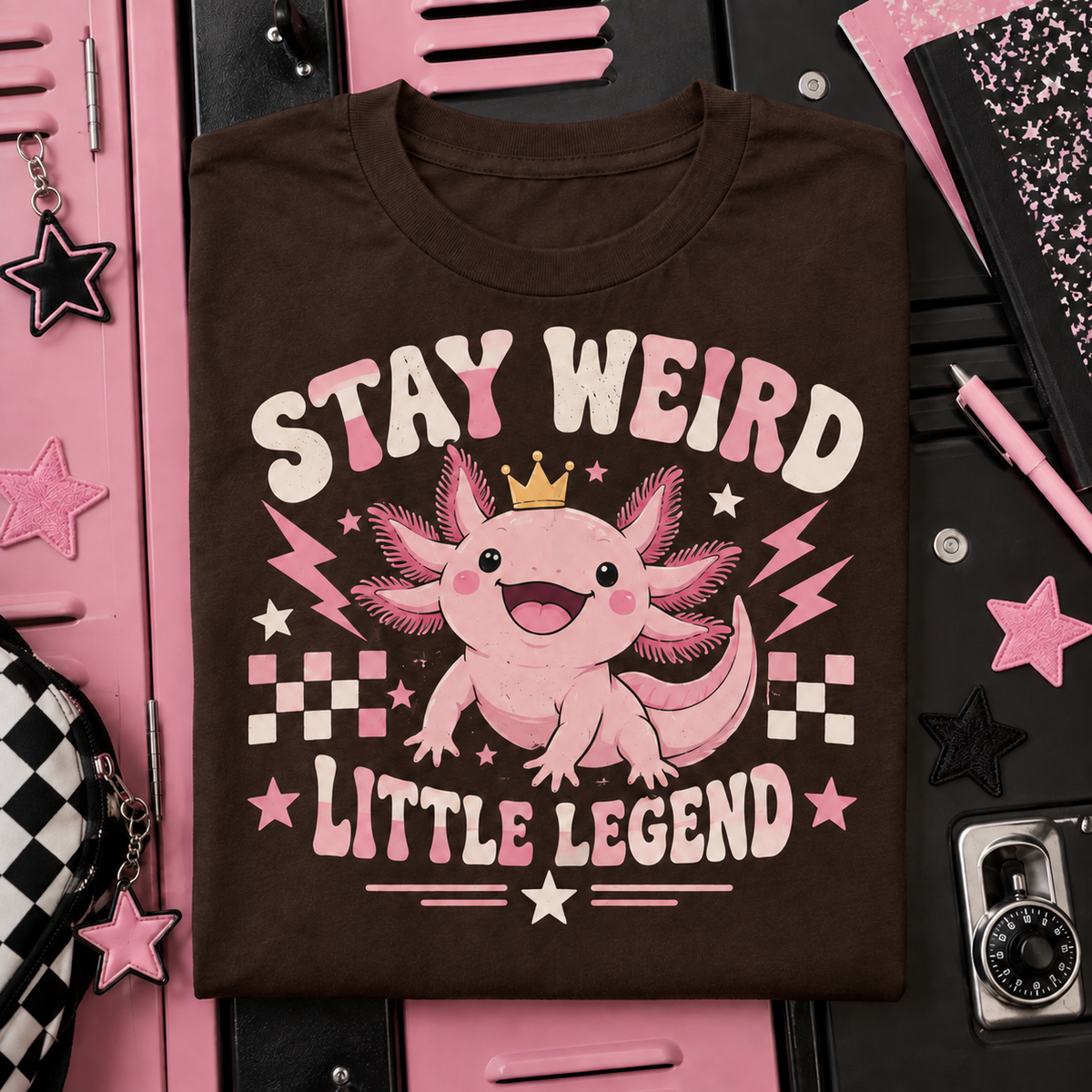 Stay Weird Little Legend axolotl youth T-shirt in Dark Chocolate