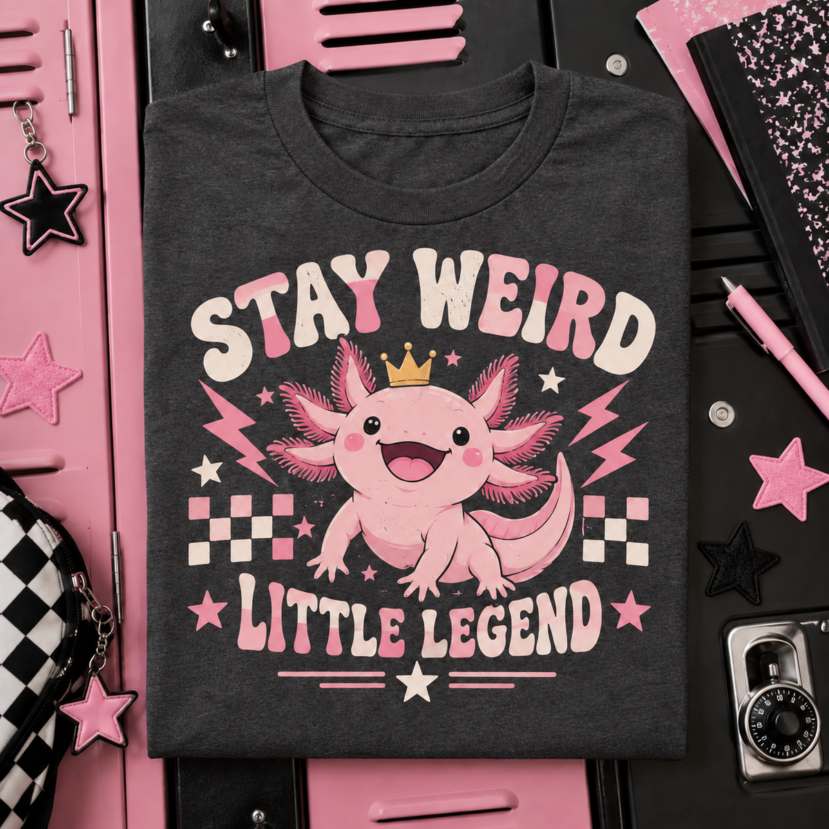 Stay Weird Little Legend axolotl youth T-shirt in Dark Heather