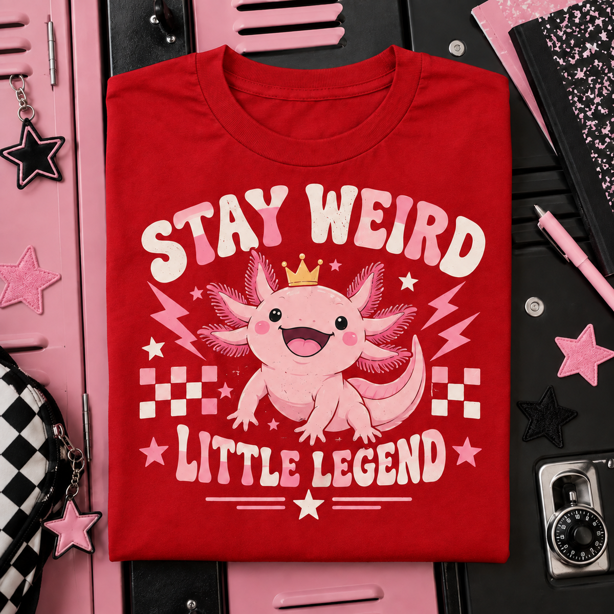 Stay Weird Little Legend axolotl youth T-shirt in Red