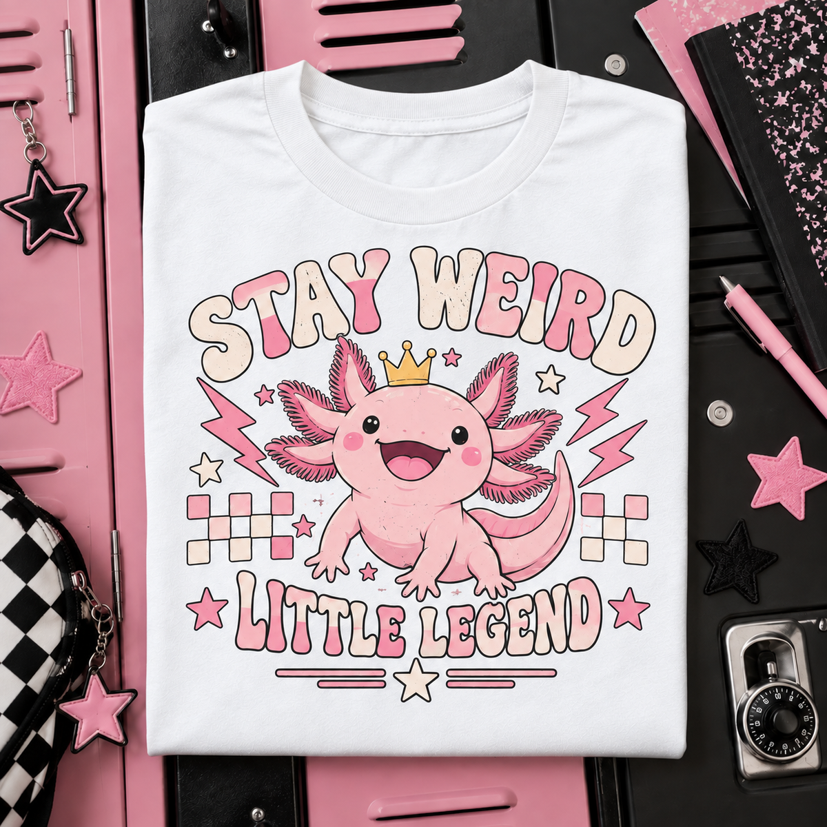 Stay Weird Little Legend axolotl youth T-shirt in White