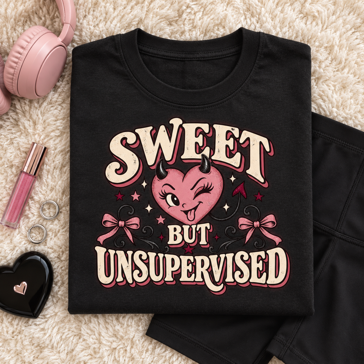Sweet But Unsupervised black graphic T-shirt folded flat