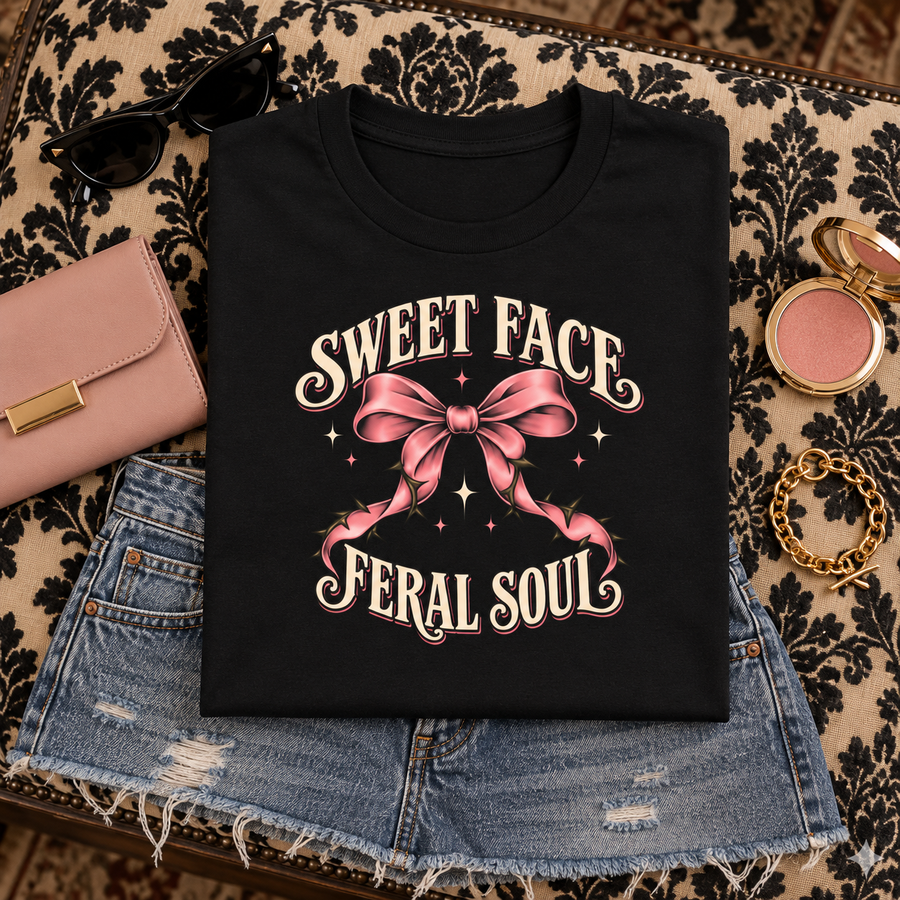 Sweet Face Feral Soul T-Shirt – Feminine Gothic Bow Graphic Tee, Unisex Shirt