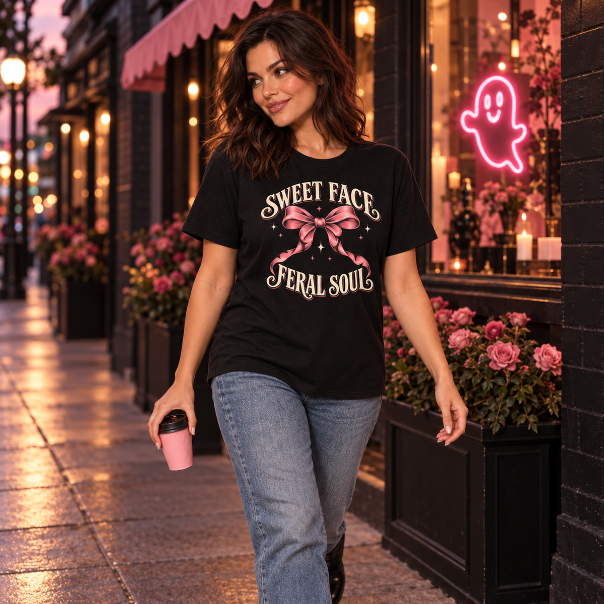 Brunette model wearing the Sweet Face Feral Soul graphic T-shirt