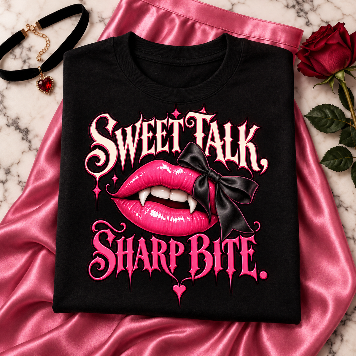 Sweet Talk Sharp Bite folded black graphic T-shirt