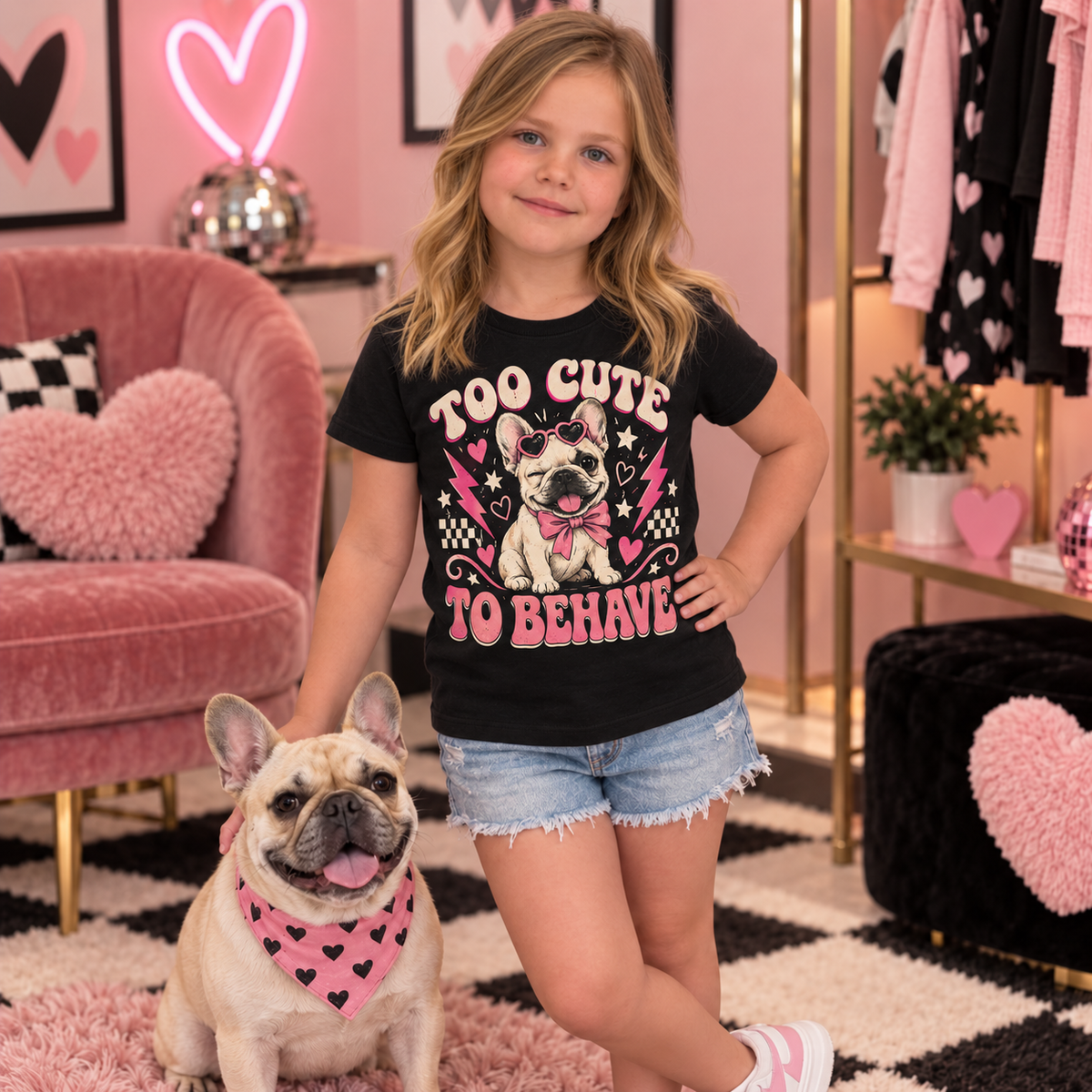 Maddie-inspired model wearing the Too Cute to Behave youth T-shirt with a French bulldog