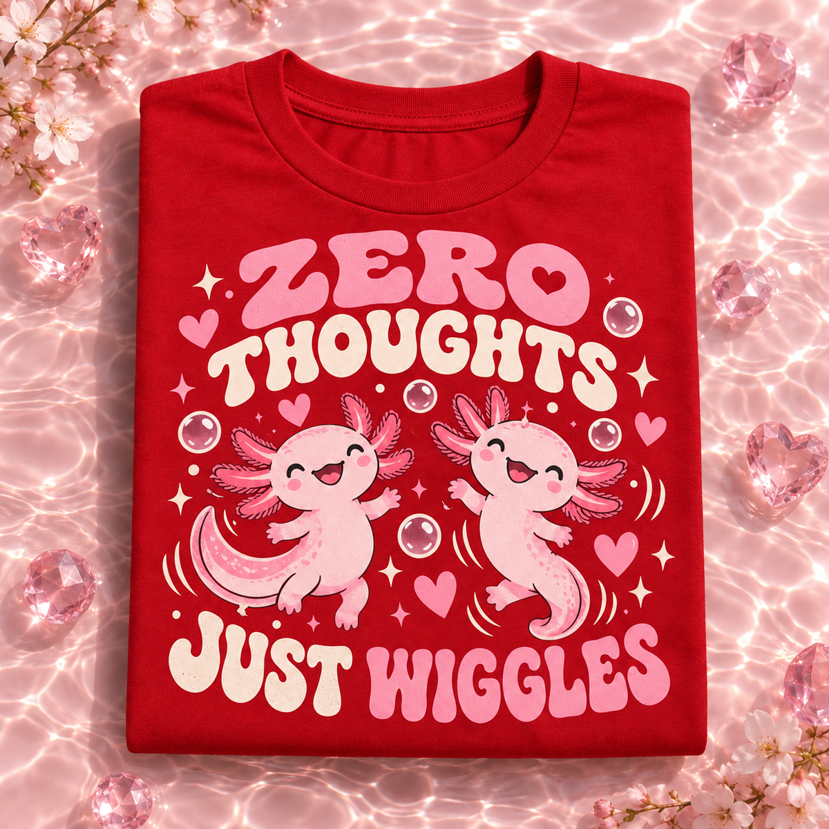 Zero Thoughts Just Wiggles axolotl youth T-shirt in Red